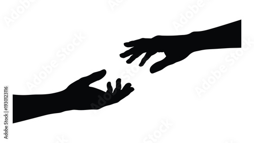 Two hands reaching out to each other in black silhouette isolated on white background, Vector