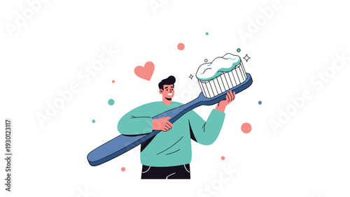 Tiny man holding a giant blue toothbrush with white toothpaste and a heart symbol representing dental hygiene.