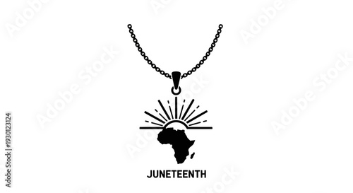 Stylized Juneteenth freedom emblem featuring Africa map and rising sun on a symbolic necklace