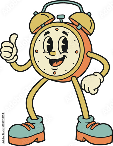 A cartoon alarm clock character giving a thumbs up, standing with a cheerful expression, vector illustration