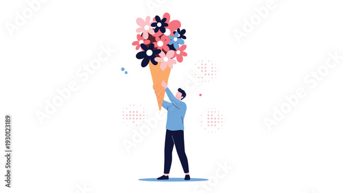 Man holding a giant ice cream waffle cone filled with a colorful bouquet of flowers as a creative gift concept.