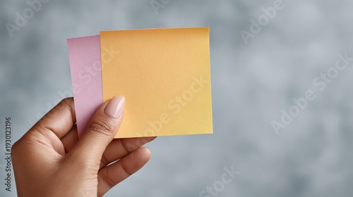 Hand holding two yellow and pink sticky notes
