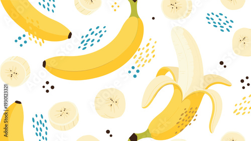 Bright tropical seamless pattern with whole bananas peeled fruit slices and colorful dots on a white background.