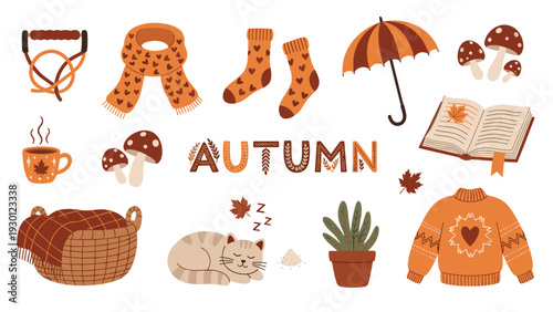 Cozy autumn set with warm clothes coffee mushrooms a sleeping cat and fallen leaves to celebrate the season.