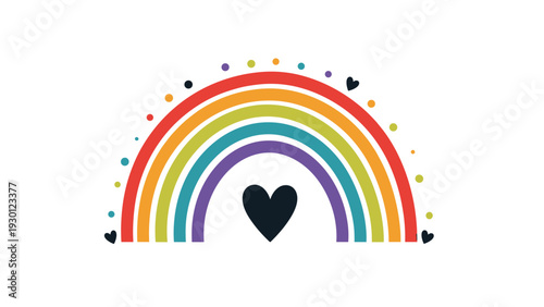Colorful rainbow with dots and hearts arching over a large dark heart in the center on a plain white background.