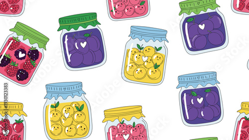 Seamless pattern of cute cartoon jam jars containing various fruits like berries and plums with happy faces on a white backdrop.