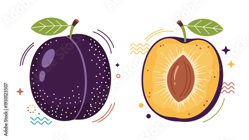 Illustration showing a whole purple plum with a green leaf and a cross section of the fruit revealing the pit and golden flesh.