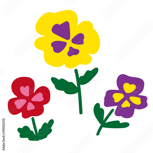カラフルなパンジーのお絵かき風イラストセット