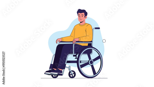 Young man sits comfortably in a modern wheelchair against a soft blue background representing accessibility and inclusive design.