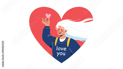 Girl with long white hair is framed within a large red heart holding a small pink heart and wearing a sweater that says love you.