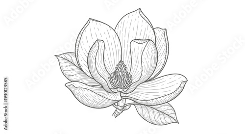 Elegant botanical line art illustration featuring a blooming magnolia flower with intricate details.