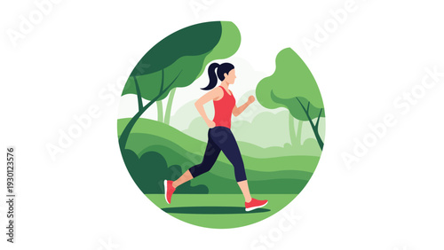 Woman in athletic wear is running through a scenic green park with stylized trees and hills enclosed in a circular frame design.