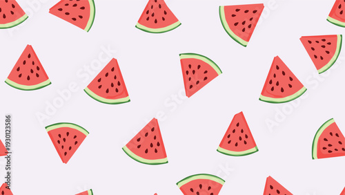 Seamless pattern featuring triangular slices of juicy red watermelon with black seeds scattered across a pale lavender background.