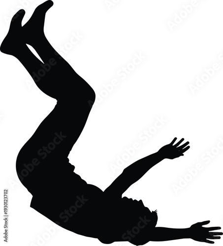 Black Silhouette Vector Illustration of a Person Falling Backwards Through the Air Representing Risk Danger Failure or High Impact Stunt