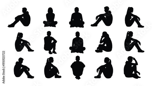 A group of people sitting in various positions isolated on white background, Vector