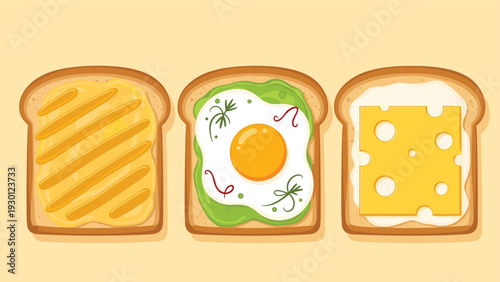 Three slices of toasted bread with different toppings including butter, a fried egg with avocado, and a slice of yellow cheese.