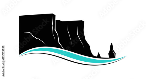 Striking stylized vector illustration of majestic rock formations rising above a calm, flowing river