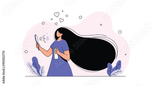 Vector illustration of a woman with long flowing black hair using hairspray and a hand mirror for her daily beauty routine.