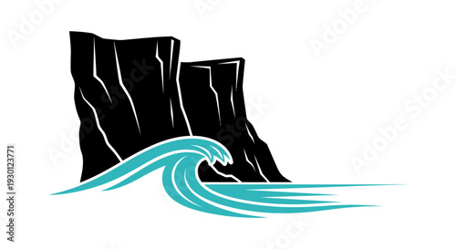 Bold graphic illustration of ocean waves crashing against rugged coastal cliffs under a pristine sky