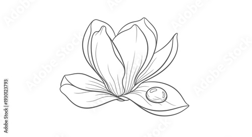 Elegant monochrome line art illustration of a blooming flower featuring a glistening water droplet