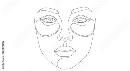 Elegant single line drawing of a female face with eye patches for refreshing skincare treatment