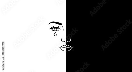 A striking monochrome illustration depicting a single tear flowing from an eye, symbolizing