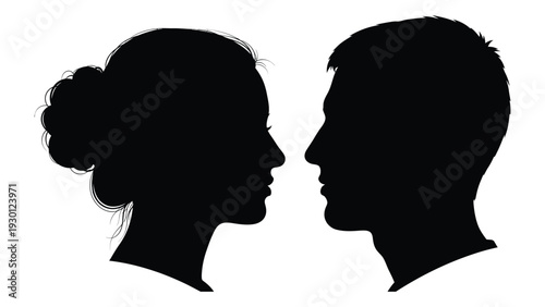 A black silhouette of a man and woman facing each other isolated on white background, Vector
