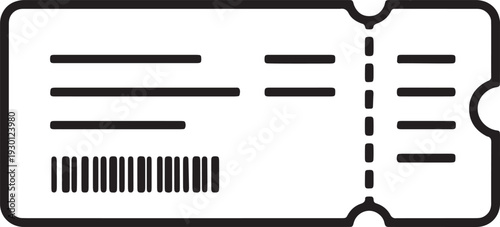 Minimalist black line art ticket icon with barcode for travel, cinema, and event admission design