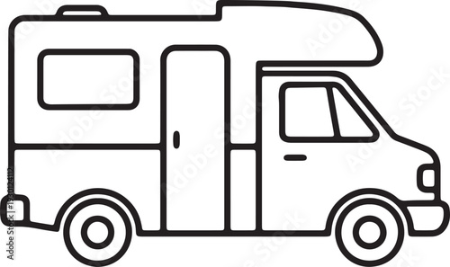 Minimalist black and white line art illustration of a motorhome camper van for travel, camping, and outdoor adventure design