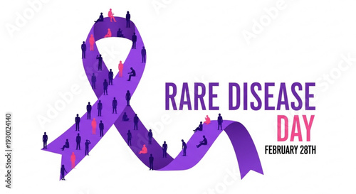 Purple ribbon with people for rare disease day on february 28th awareness campaign