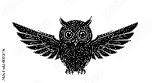 Striking digital owl illustration featuring intricate circuit board patterns symbolizing