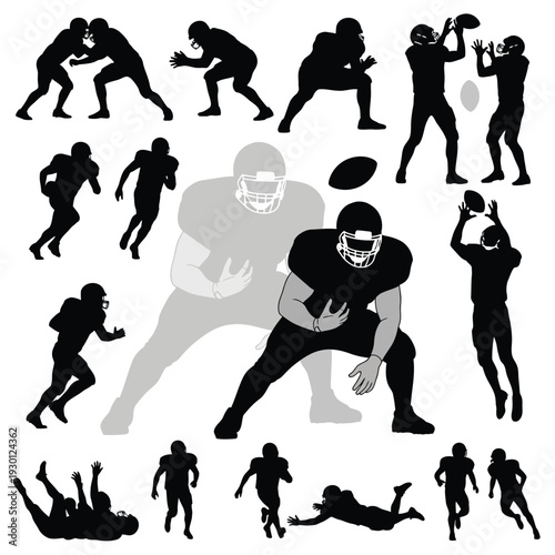 set collection of american football players vector, athlete silhouettes, action poses, gridiron sport illustration