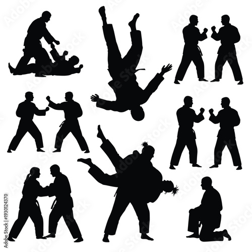 set of judo martial art silhouette vector, athletes throwing and grappling, combat sport illustration