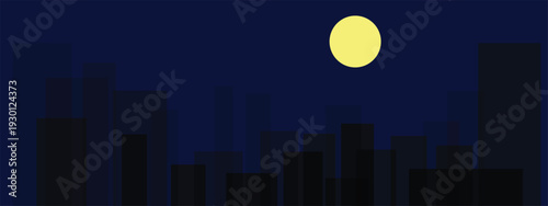 Abstract Minimalist City Skyline Silhouette at Night With Full Moon