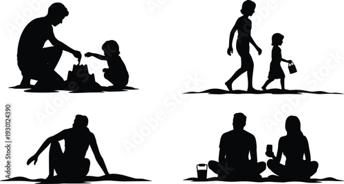 Black beach vacation silhouettes set with family building sandcastle, couple relaxing, summer holiday travel icons, isolated vector illustrations.