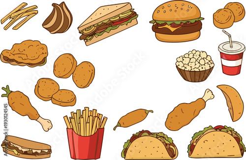 Fast Food Collection Vector Illustration with Burger, Fries, Tacos, Fried Chicken, Sandwich and Snack Icons for Menu Design
