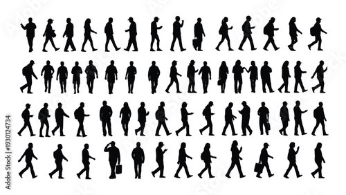 A collection of black silhouettes of people walking in various poses isolated on white background, Vector