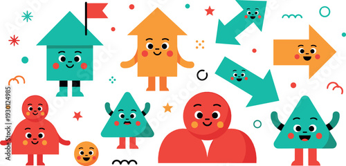 Cute geometric shape characters vector set with smiling triangle, square, circle and arrow cartoon illustration
