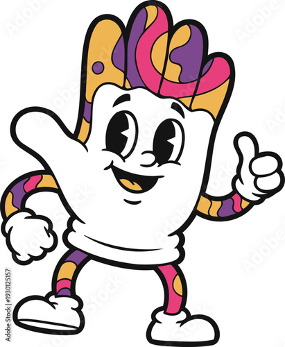 A cartoon tooth character with colorful stripes and a friendly gesture is illustrated in a vibrant and playful environment.