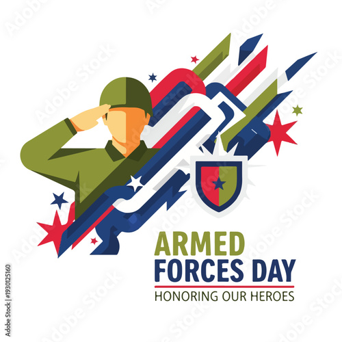 Illustration of a soldier saluting with patriotic symbols and text