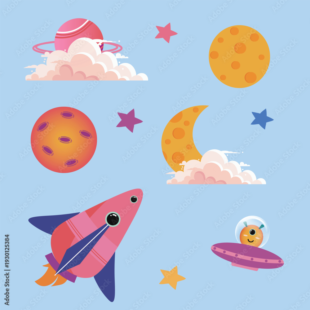 Obraz premium Cute Cartoon Space Illustration Set with Rocket