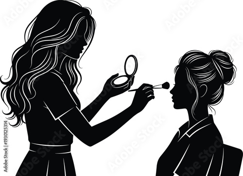 Black Silhouette Vector Illustration of a Professional Female Makeup Artist Applying Cosmetics with a Brush to a Client's Face