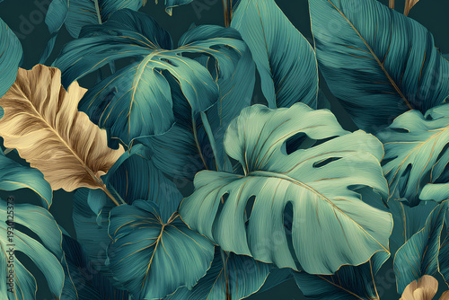 Wallpaper Mural Elegant Tropical Leaf Pattern Background with Banana and Monstera in Emerald and Sage Repeat Layout Torontodigital.ca