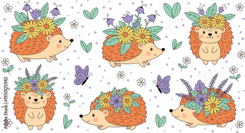 Cute hedgehogs with floral crowns vector set, woodland animals with flowers, butterflies and whimsical forest illustration