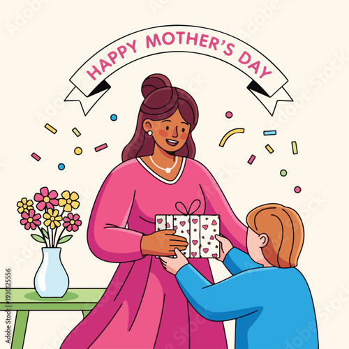 Illustration of a woman receiving a gift on Mother's Day