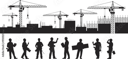 Black construction site silhouettes set with tower cranes, workers with blueprints, building development, industrial machinery, isolated vector illustration.