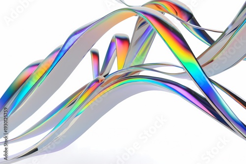 Abstract flowing iridescent ribbons with metallic chrome texture on white background
