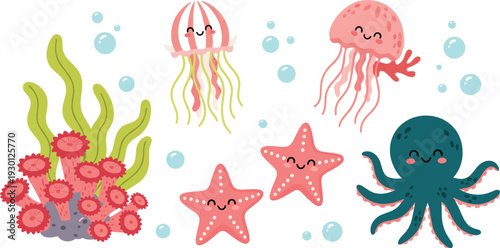 Cute jellyfish, octopus and starfish vector illustration set with coral reef and underwater cartoon sea life