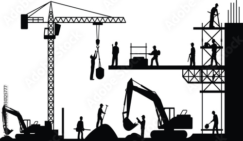 Black construction site silhouettes set with workers, crane, excavator, building machinery, engineering industry elements, isolated vector on white background.