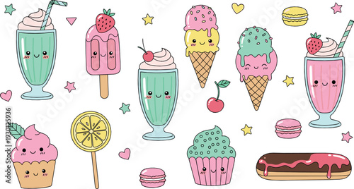 Cute kawaii desserts set with ice cream, cupcakes, milkshakes and sweet treats